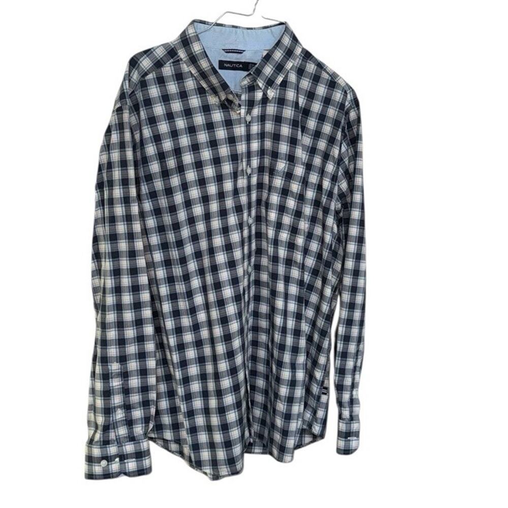 Nautica Mens XL Blue‎ Plaid Button Down Shirt Cotton Lyocell Long Sleeve Career